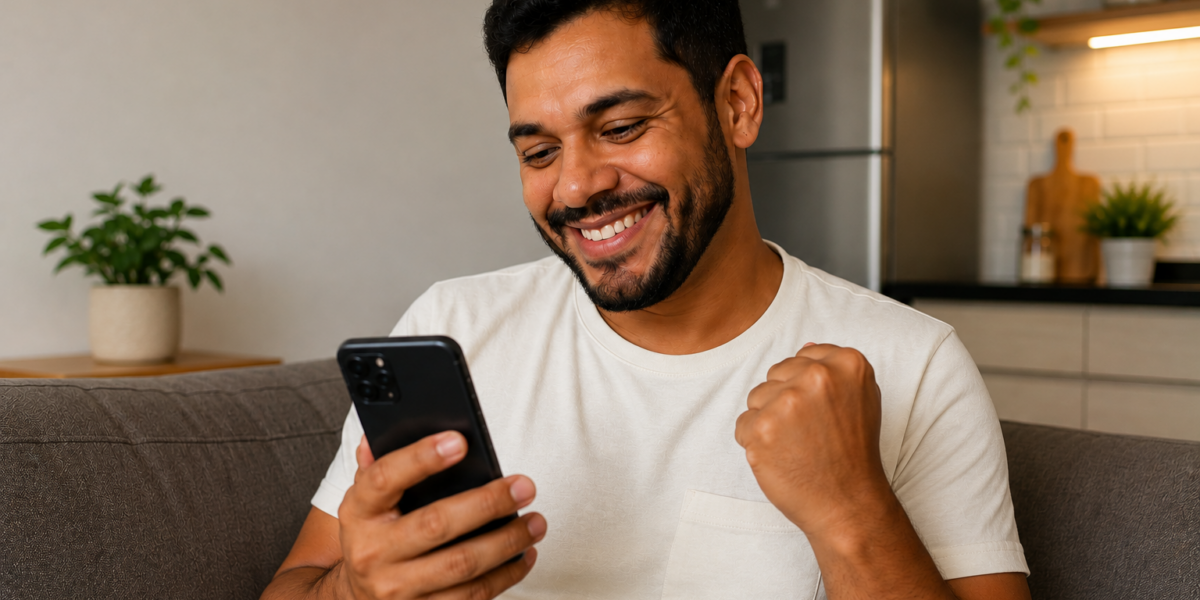 Homem comemora ao usar o celular em casa, representando oportunidades para ganhar dinheiro pela internet e fazer renda extra.