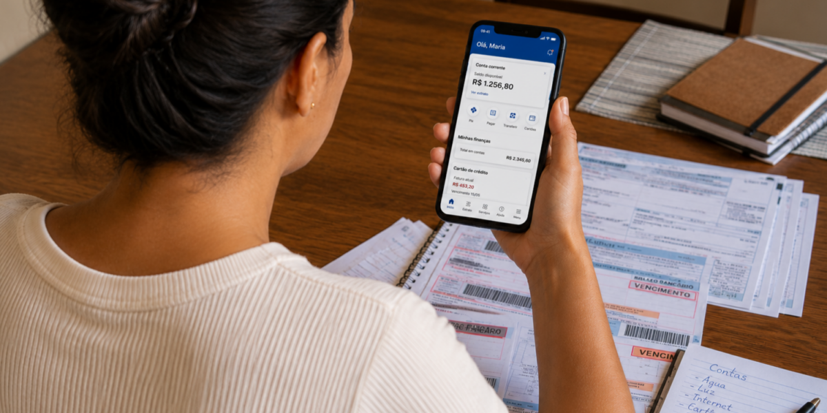 Person seen from behind, holding a smartphone showing a banking app over a desk with bills and notebooks nearby.