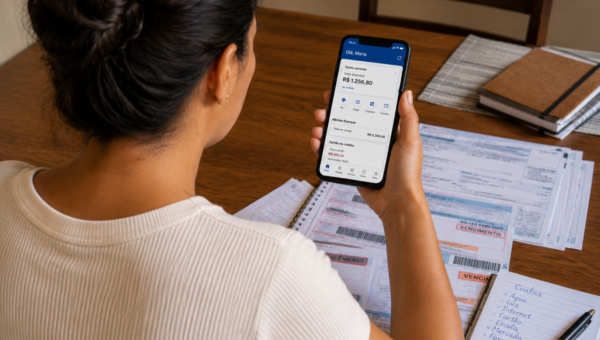 Person seen from behind, holding a smartphone showing a banking app over a desk with bills and notebooks nearby.