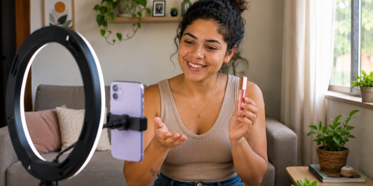 Mulher gravando conteúdo para o Instagram com celular e ring light enquanto divulga um produto.