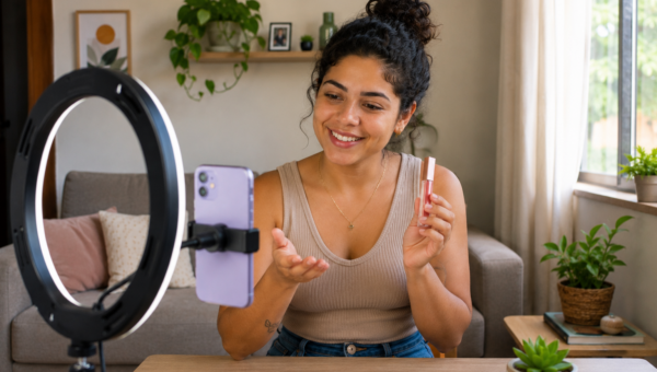 Mulher gravando conteúdo para o Instagram com celular e ring light enquanto divulga um produto.