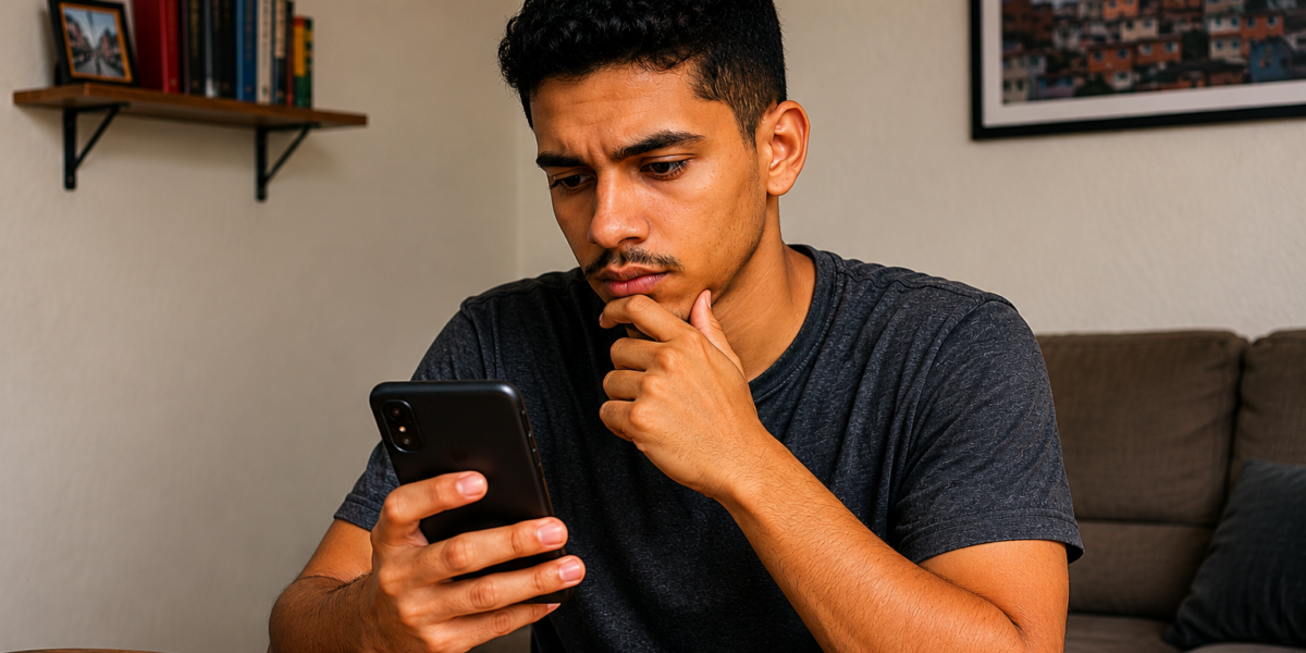 Homem consulta informações no celular com expressão preocupada, representando a busca por dívidas e restrições no CPF.