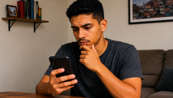 Homem consulta informações no celular com expressão preocupada, representando a busca por dívidas e restrições no CPF.