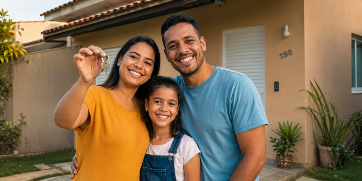 Happy family of three posing with house keys in front of a beige home, celebrating a new home.