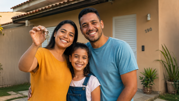 Happy family of three posing with house keys in front of a beige home, celebrating a new home.