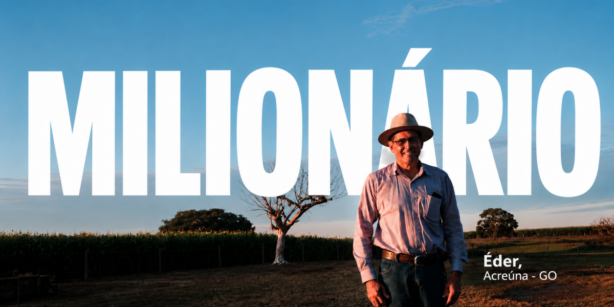 Éder, ganhador milionário da Tele Sena em Acreúna, Goiás, em cenário rural, com a palavra “Milionário” ao fundo.