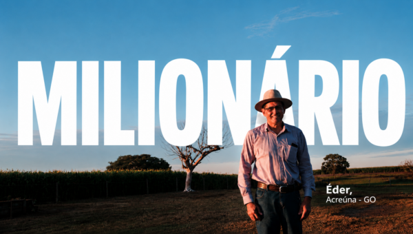 Éder, ganhador milionário da Tele Sena em Acreúna, Goiás, em cenário rural, com a palavra “Milionário” ao fundo.