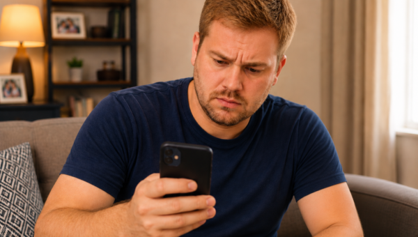 Homem preocupado consulta o celular, representando dúvidas sobre atraso e pagamento da fatura do cartão de crédito.