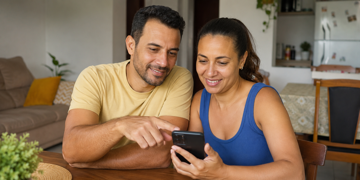 Casal sorrindo consulta a Tele Sena pelo celular em casa.