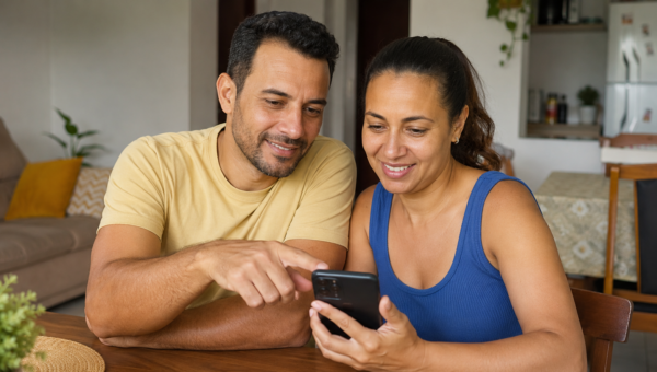 Casal sorrindo consulta a Tele Sena pelo celular em casa.