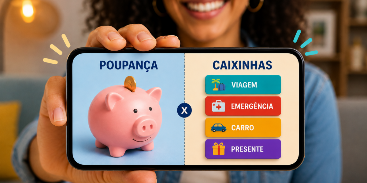 Smartphone screen split in half: left shows a pink piggy bank labeled 'POUPANÇA'; right shows colored buttons under 'CAIXINHAS' for VIAGEM, EMERGÊNCIA, CARRO, PRESENTE.