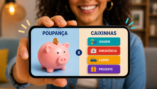 Smartphone screen split in half: left shows a pink piggy bank labeled 'POUPANÇA'; right shows colored buttons under 'CAIXINHAS' for VIAGEM, EMERGÊNCIA, CARRO, PRESENTE.