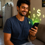 Homem sorrindo ao usar o celular para buscar oportunidades de renda extra e ganhar dinheiro online.