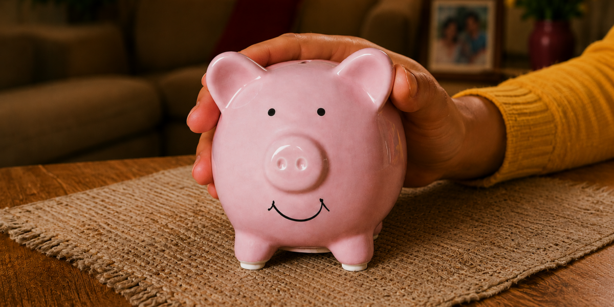 Pessoa segura um cofrinho rosa, representando o hábito de guardar dinheiro e criar uma reserva de emergência.