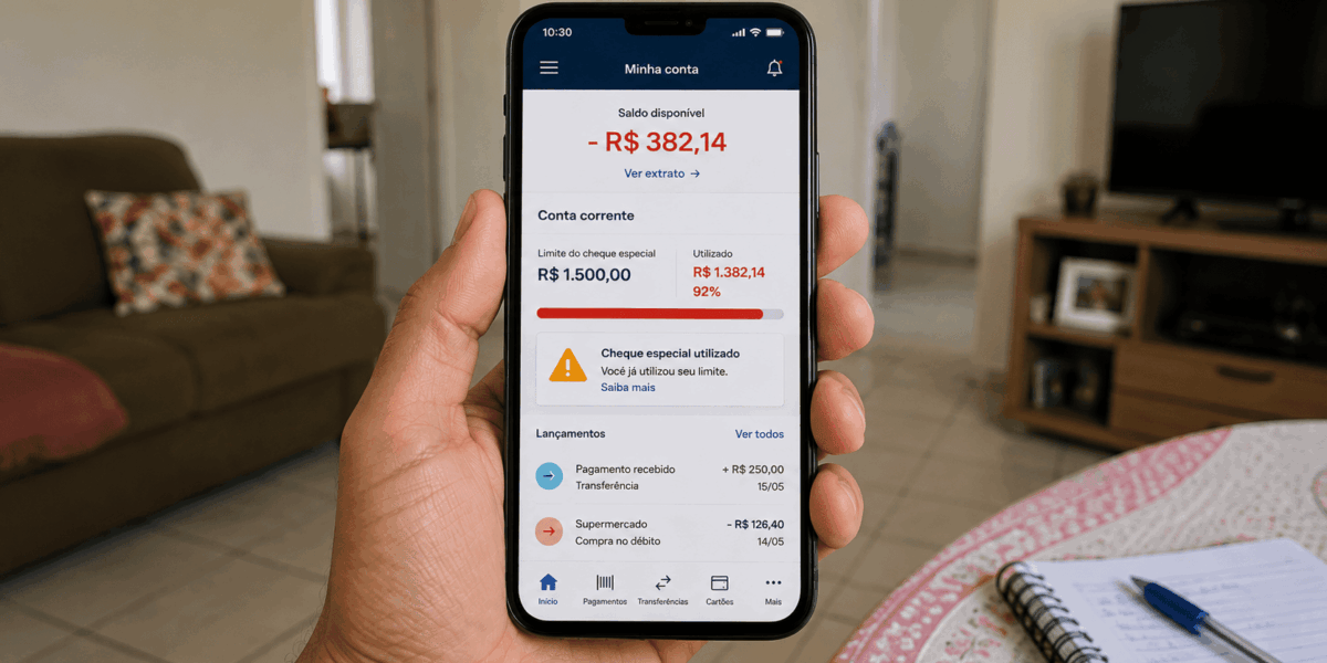 Celular mostrando saldo negativo e uso do limite do cheque especial em aplicativo bancário.