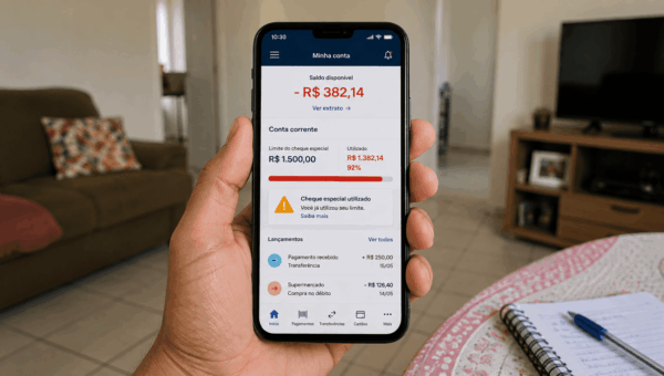 Celular mostrando saldo negativo e uso do limite do cheque especial em aplicativo bancário.