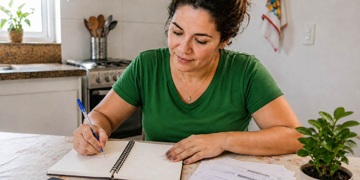 Mulher organiza contas e dívidas em um caderno, com boletos sobre a mesa, para planejar o pagamento e recuperar a vida financeira.