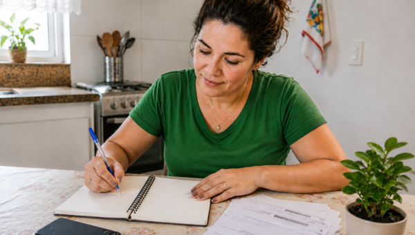 Mulher organiza contas e dívidas em um caderno, com boletos sobre a mesa, para planejar o pagamento e recuperar a vida financeira.