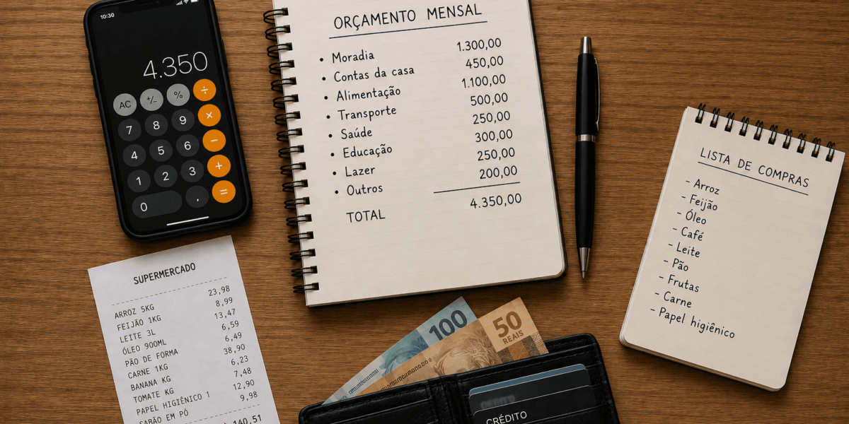 Orçamento mensal com calculadora, lista de compras, dinheiro e cartão para calcular o custo de vida.