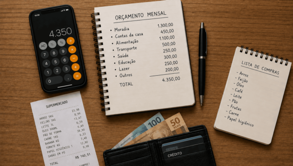 Orçamento mensal com calculadora, lista de compras, dinheiro e cartão para calcular o custo de vida.
