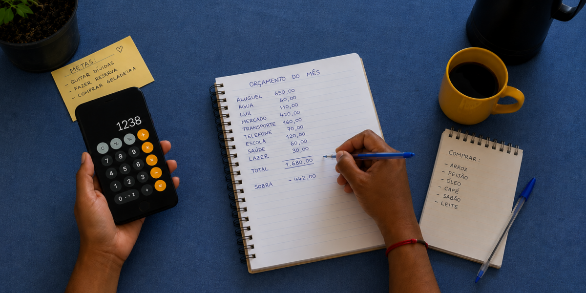 Pessoa usando calculadora e caderno para organizar as contas do mês e controlar o orçamento.