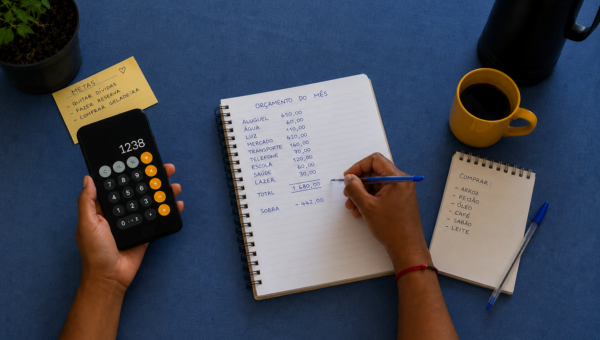Pessoa usando calculadora e caderno para organizar as contas do mês e controlar o orçamento.