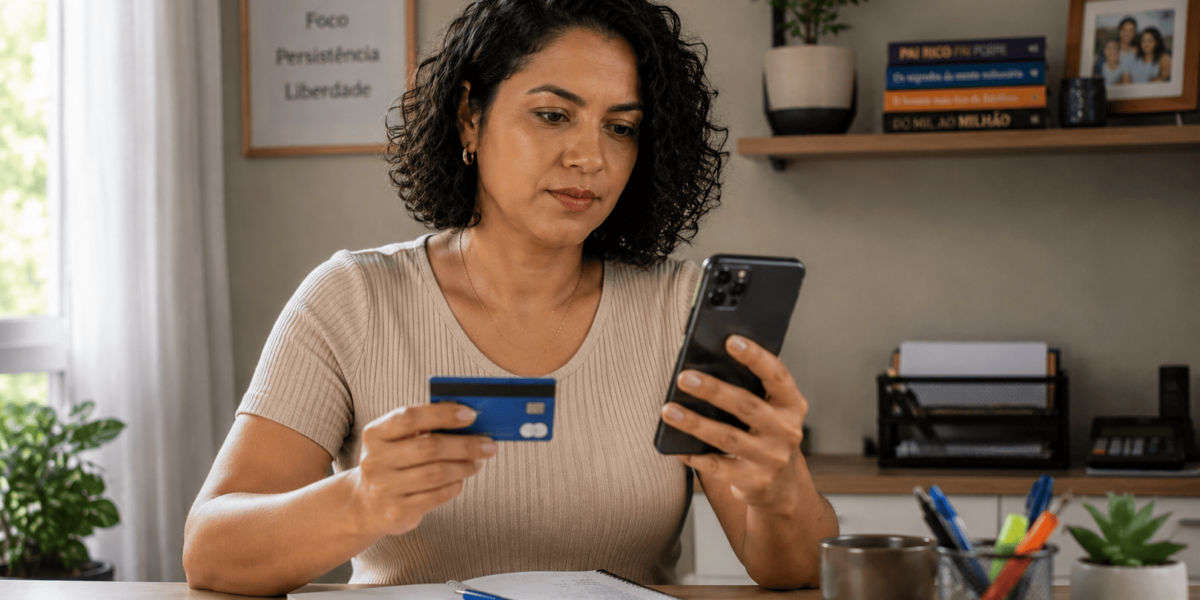 Mulher usando cartão e celular para comparar pagamentos no débito e no crédito.