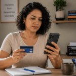 Mulher usando cartão e celular para comparar pagamentos no débito e no crédito.