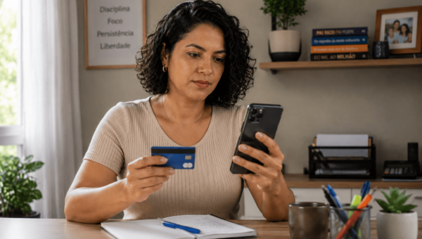 Mulher usando cartão e celular para comparar pagamentos no débito e no crédito.