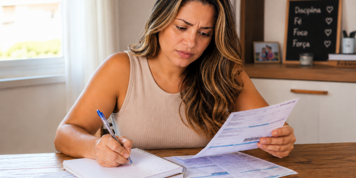 Mulher analisa contas e boletos enquanto anota despesas em um caderno para organizar dívidas e recuperar o controle financeiro.