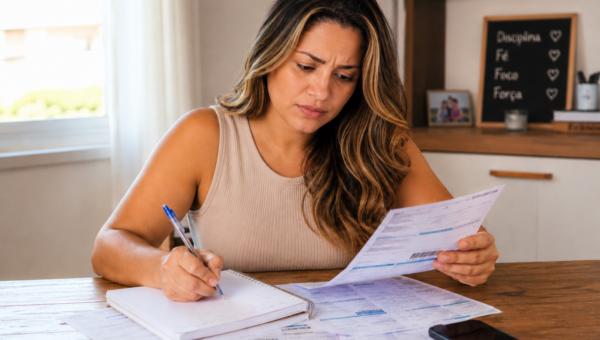 Mulher analisa contas e boletos enquanto anota despesas em um caderno para organizar dívidas e recuperar o controle financeiro.