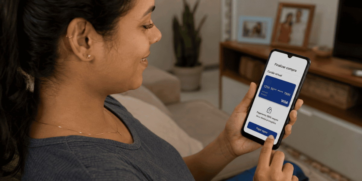 Mulher usando cartão virtual no celular para finalizar uma compra online com segurança.
