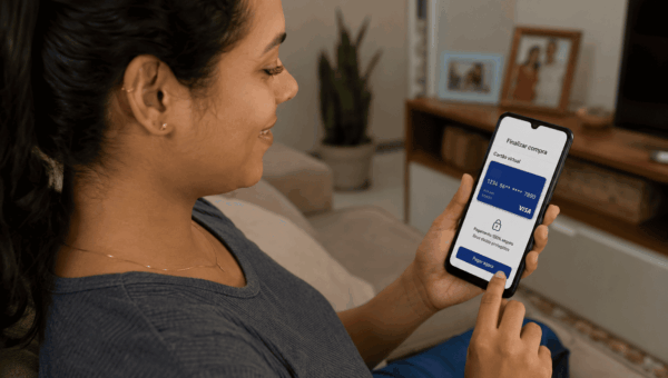 Mulher usando cartão virtual no celular para finalizar uma compra online com segurança.