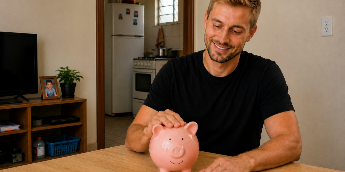 Homem sorrindo coloca dinheiro em um cofrinho, representando métodos para guardar dinheiro e criar uma reserva financeira.