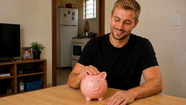 Homem sorrindo coloca dinheiro em um cofrinho, representando métodos para guardar dinheiro e criar uma reserva financeira.