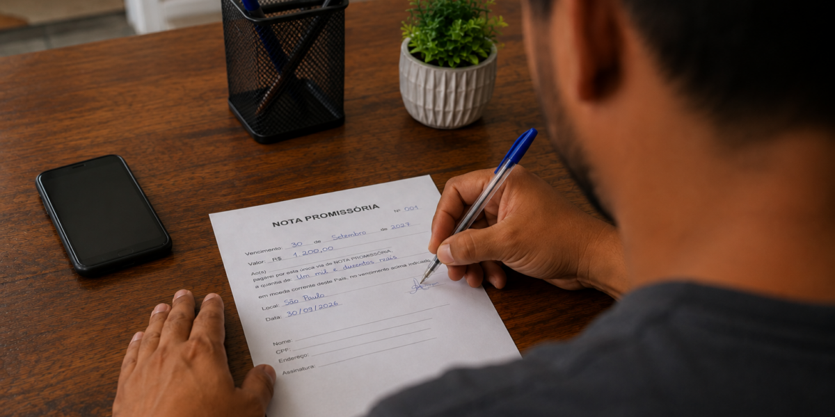 Pessoa preenchendo nota promissória em uma mesa, representando a formalização de dívidas.
