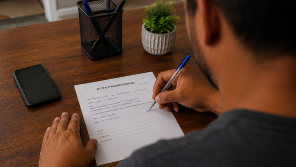 Pessoa preenchendo nota promissória em uma mesa, representando a formalização de dívidas.