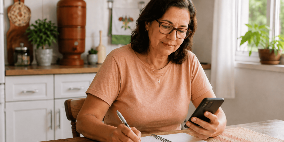 Mulher usando celular e caderno para organizar as finanças e entender os efeitos da inflação no poder de compra.
