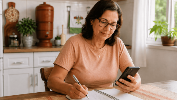 Mulher usando celular e caderno para organizar as finanças e entender os efeitos da inflação no poder de compra.