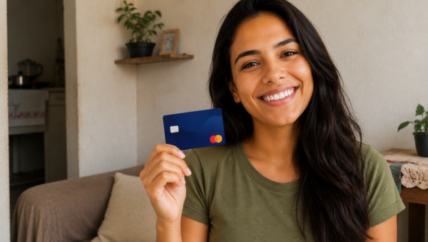 Mulher sorrindo segura cartão de crédito em casa, representando a melhora do score e o acesso ao crédito.