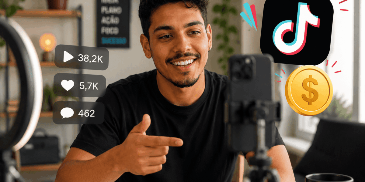 Homem criando vídeo pelo celular, representando formas de ganhar dinheiro no TikTok com visualizações e engajamento.