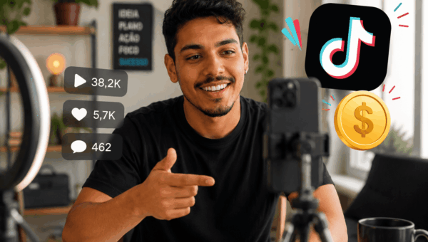 Homem criando vídeo pelo celular, representando formas de ganhar dinheiro no TikTok com visualizações e engajamento.