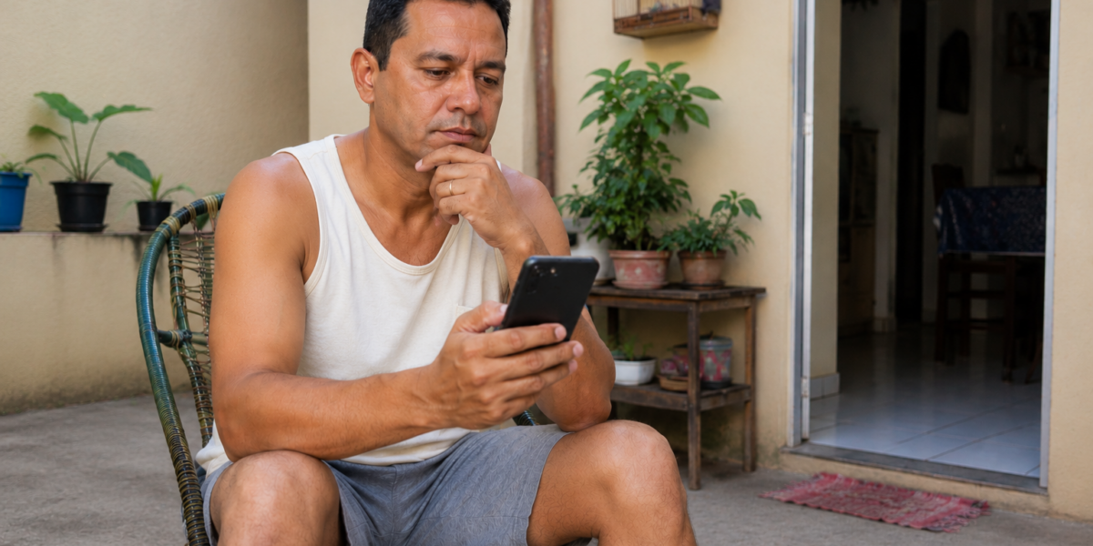Homem usando o celular para acompanhar pagamentos de contas no débito automático.