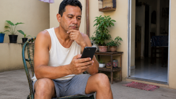 Homem usando o celular para acompanhar pagamentos de contas no débito automático.
