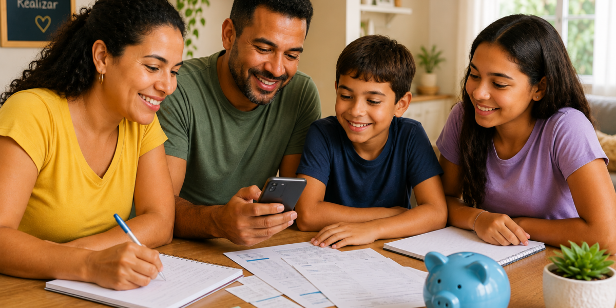 Família reunida à mesa organiza documentos e contas pelo celular para planejar o orçamento familiar e controlar os gastos.