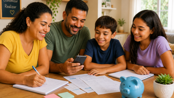 Família reunida à mesa organiza documentos e contas pelo celular para planejar o orçamento familiar e controlar os gastos.