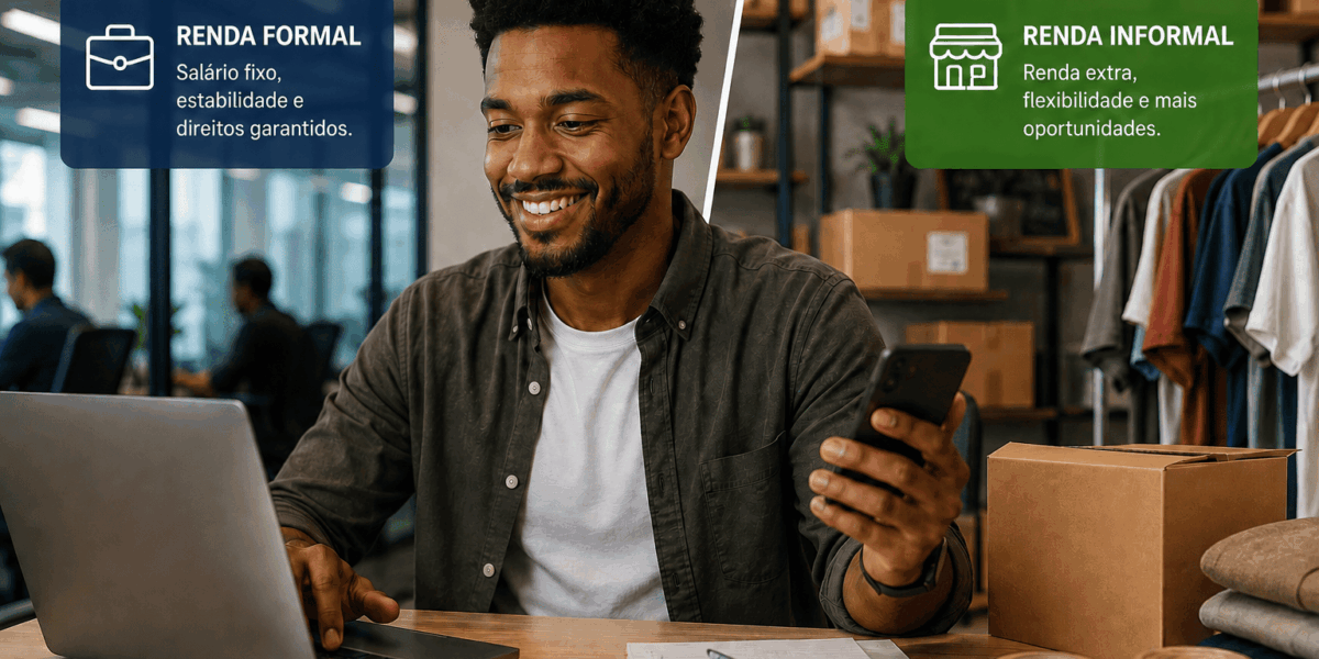 Homem trabalhando com notebook e celular em imagem que compara renda formal e informal como fontes de ganhos.