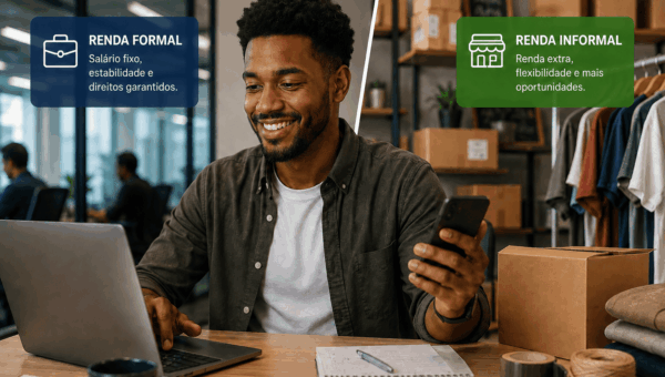Homem trabalhando com notebook e celular em imagem que compara renda formal e informal como fontes de ganhos.