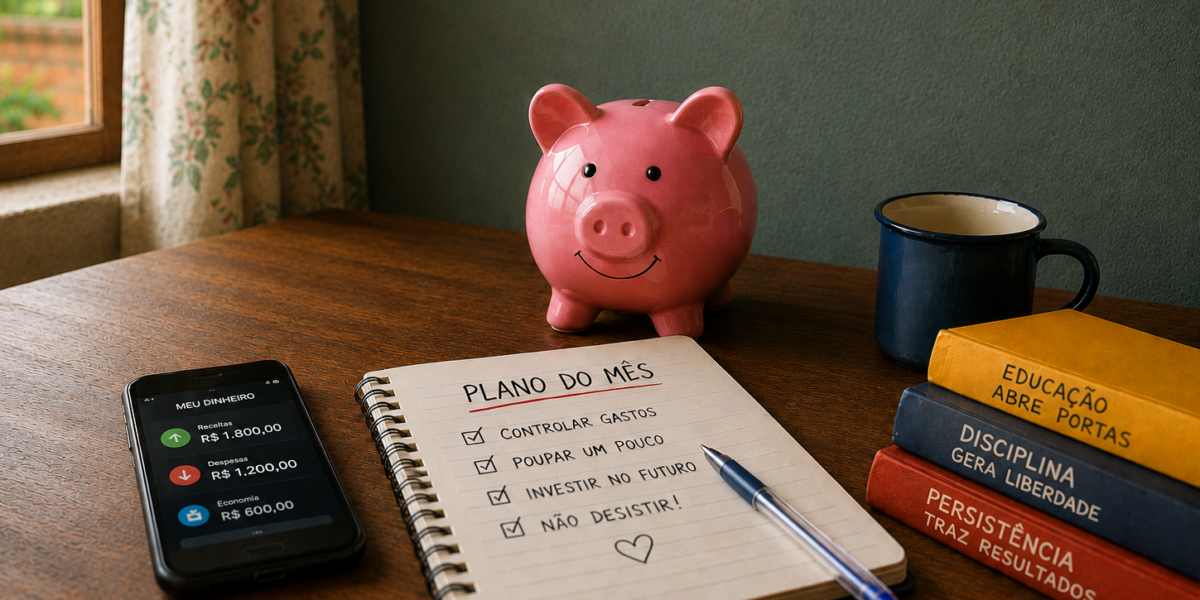 Cofrinho, celular com saldo financeiro e caderno com planejamento mensal para organizar gastos, poupar e investir.