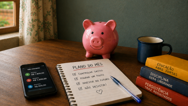 Cofrinho, celular com saldo financeiro e caderno com planejamento mensal para organizar gastos, poupar e investir.